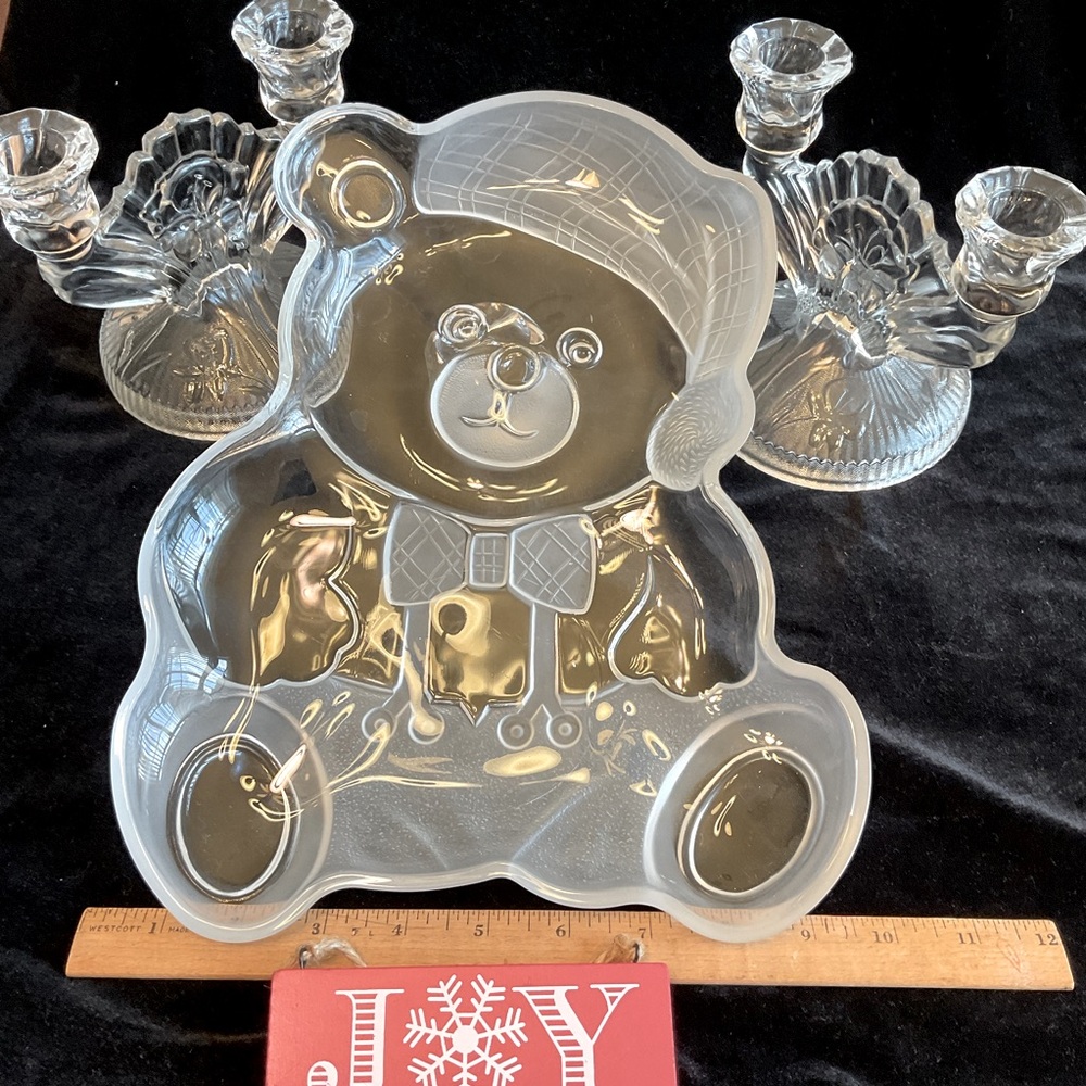 Bear Holiday Serving dish 14”x11” + 2 vtg dbl candlesticks 3 pc lot